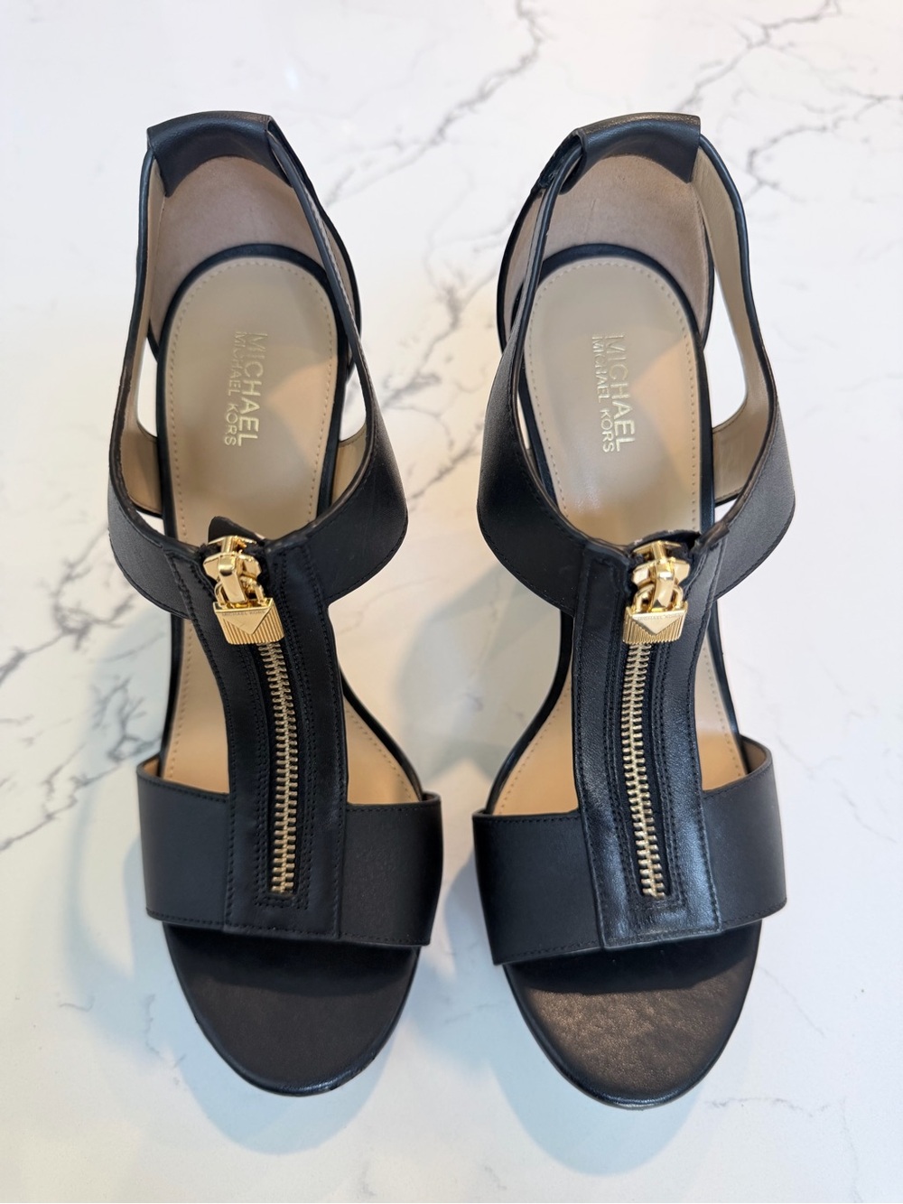 MICHAEL Michael Kors Black High Heel Sandals with Gold Zipper Detail - Picture 6 of 12